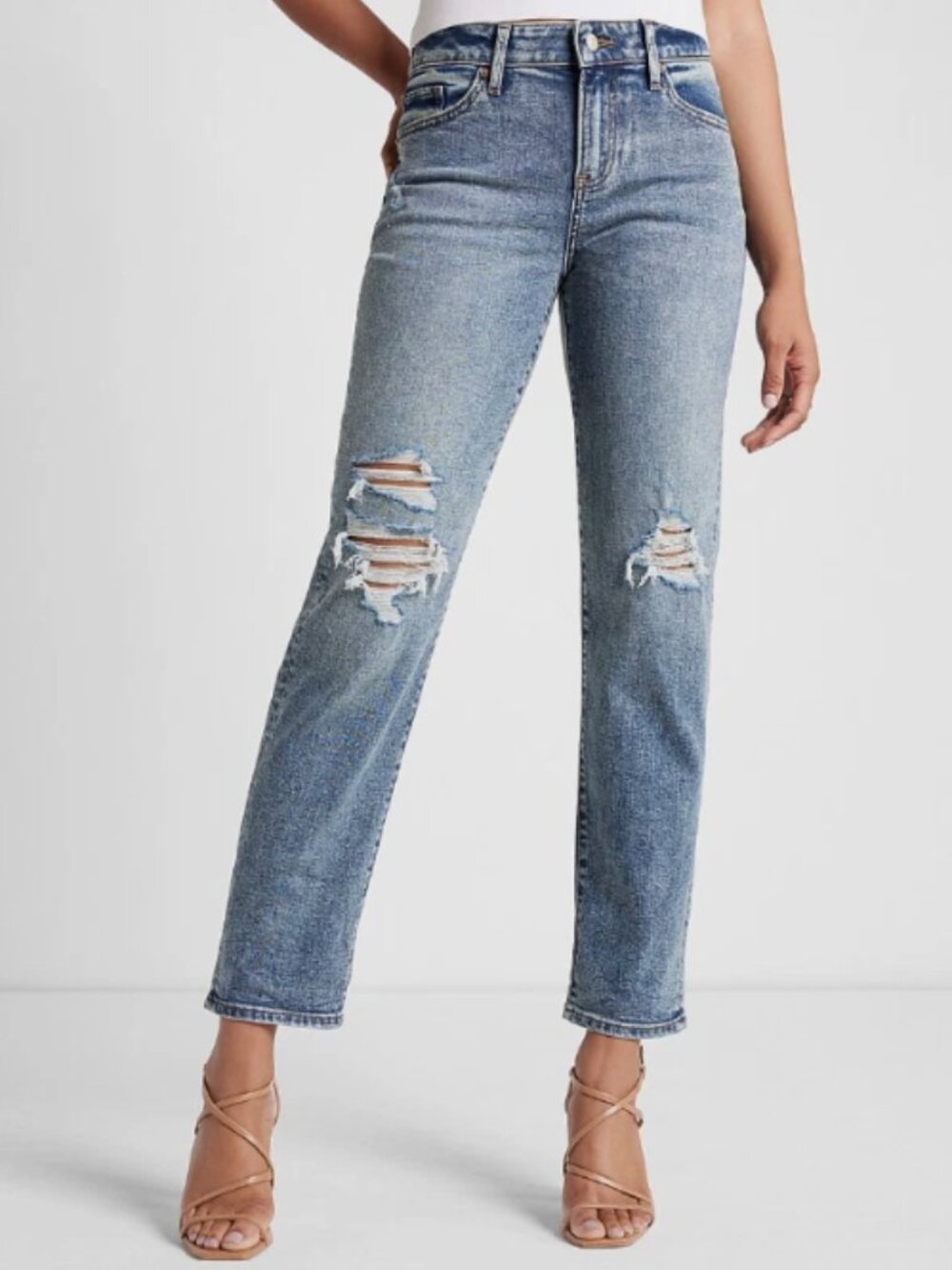 Express Girlfriend High Rise Medium Wash Ripped Jeans 8 Excellent Stretch